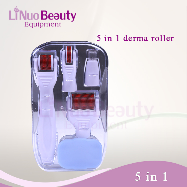 LINUO professional derma roller 5 in 1 massager skin rejuvenation stainless steel micro needle derma roller kit with 4 heads